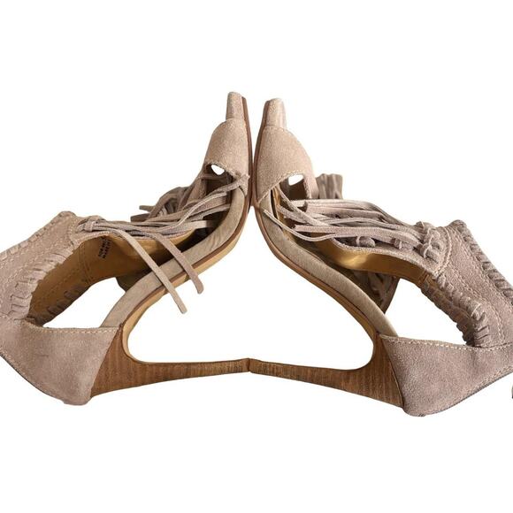 Y2K 2000'S VINTAGE CHINESE LAUNDRY TAN SUEDE FRINGE HEELS SZ. 5 1/2 - Picture 7 of 8